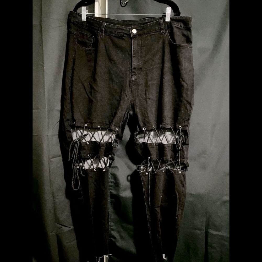 Black Lace-Up Distressed Pants